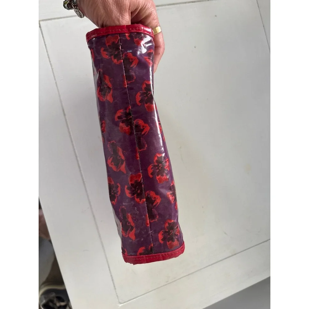 Tory Burch Purple Red Floral Glossy PVC Cosmetic Makeup Bag Pouch with Logo